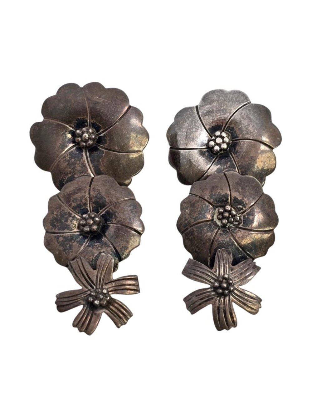 Vintage Carol Felley Sterling Silver 3 Flower Dangle Earrings #25651